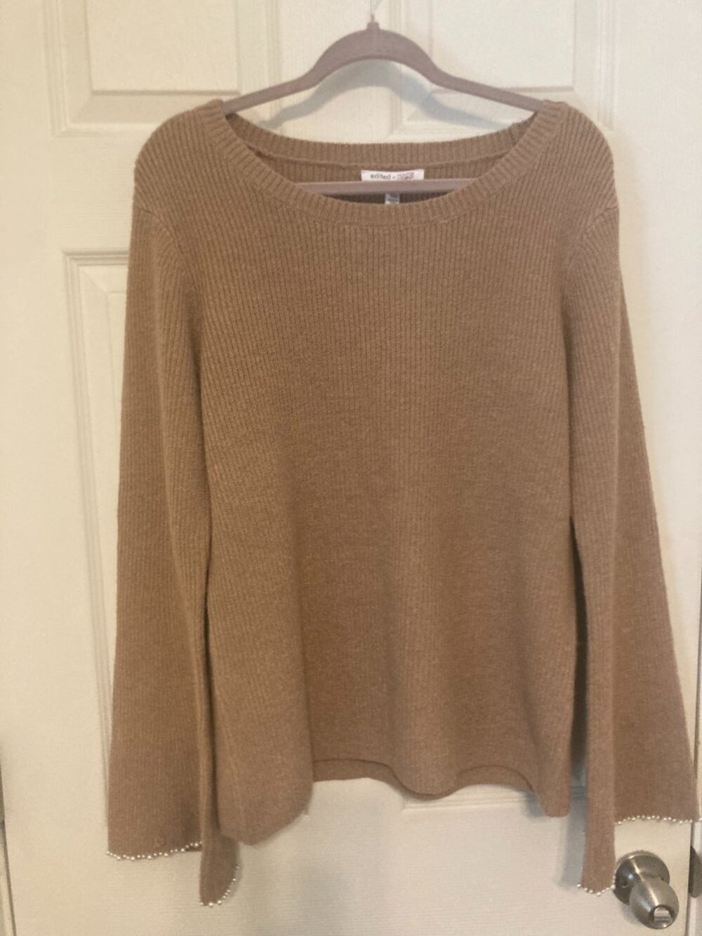 NWT Edited x Hunter McGrady Pearl Trim Bell Sleeve Knit Sweater Tan Camel XL